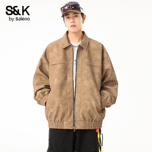 班尼路SK美式 复古翻领皮夹克男耐磨潮流百搭机车皮衣外套高级感YS