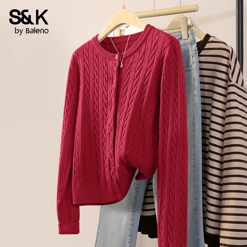 红色绞花开衫毛衣外套圆领上衣