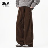 宽松阔腿休闲长裤 班尼路SK美拉德复古风灯芯绒弯刀休闲裤 男春季