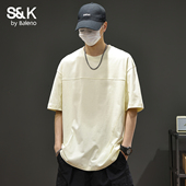 短袖 T恤2026新款 夏季 班尼路SK男士 宽松美式 拼接重磅纯棉上衣男YS