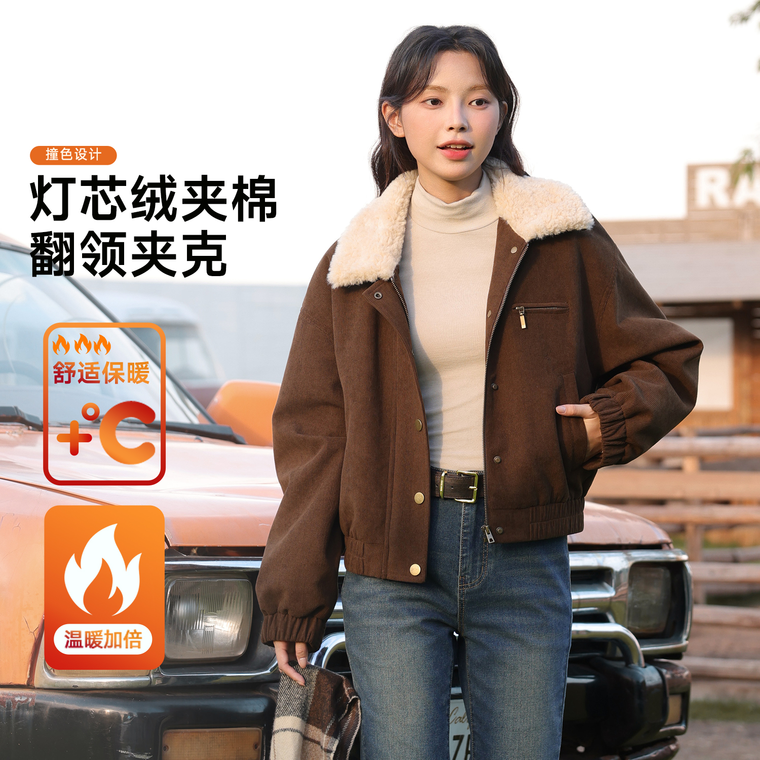 班尼路咖色翻领夹棉工装夹克