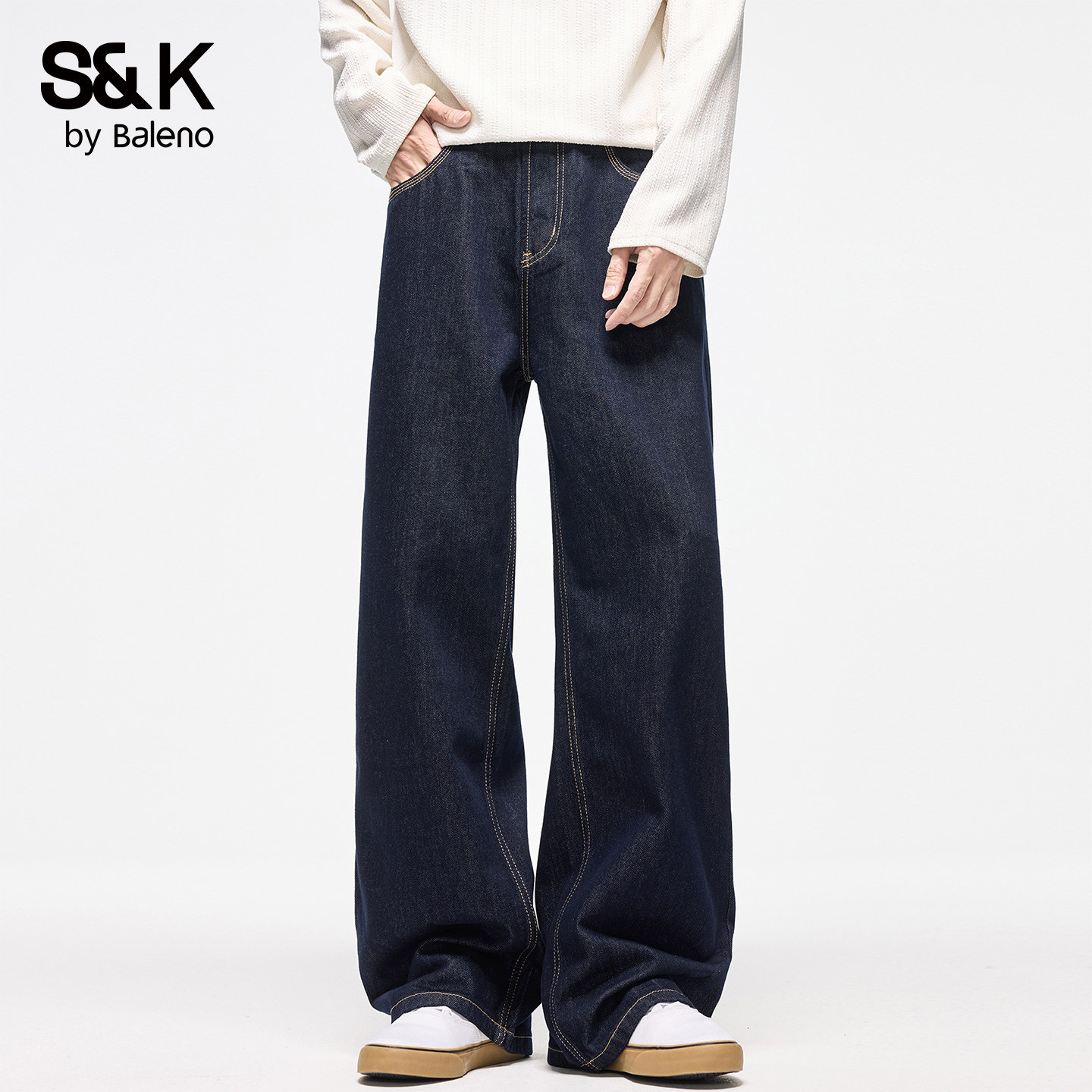 班尼路SK宽松直筒加绒牛仔裤