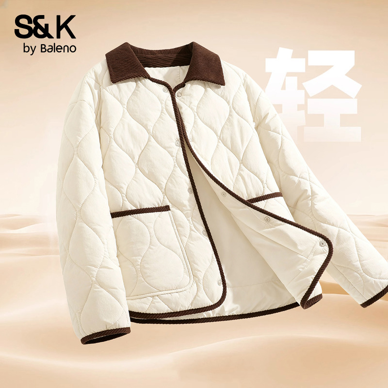 班尼路S&K系列撞色翻领棉服女冬季新款宽松休闲轻薄百搭夹棉外套Q