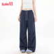 裤 女2026春夏季 新款 班尼路藏蓝色工装 薄拼接垂感阔腿休闲速干裤
