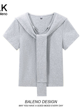 班尼路S&K灰色海军领短袖t恤女2026夏季新款修身正肩短款上衣H