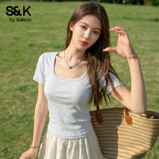 新款 T恤女2026夏季 收腰显瘦上衣H 短袖 班尼路S&K系列灰色方领修身