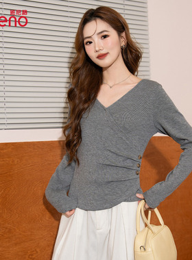 班尼路时尚休闲百搭长袖t恤女秋冬韩版慵懒修身显瘦V领打底上衣J