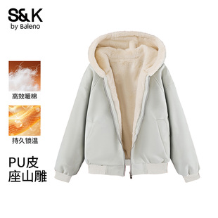 男士 2025新款 加绒加厚羊羔绒外套E 复古PU皮棉衣男冬季 班尼路美式