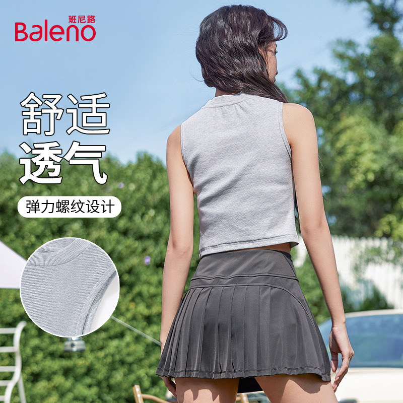 班尼路浅灰色圆领短款背心女夏日凉感性感吊带健身运动休闲T恤女Q