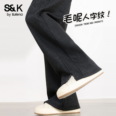 班尼路S&K系列黑色加绒人字纹裤