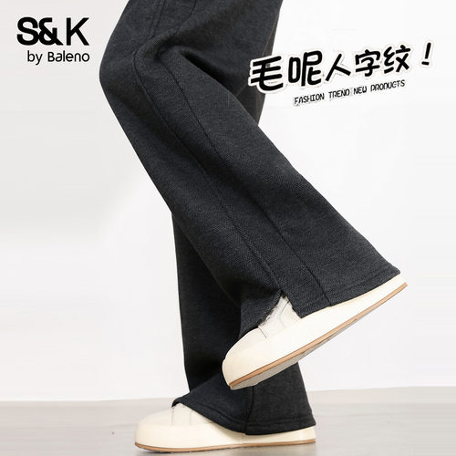 班尼路S&K系列黑色加绒人字纹裤