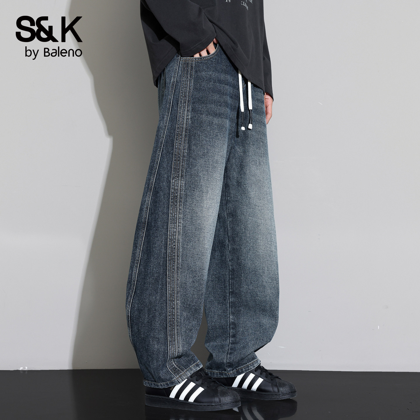 班尼路SK秋冬季美式高街阔腿宽松垂感显瘦厚款休闲裤弯刀牛仔裤YS