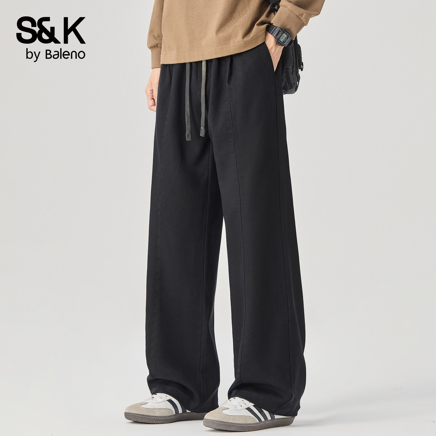 班尼路SK秋冬季复古弯刀休闲裤子男款阔腿宽松直筒加绒加厚长裤YS