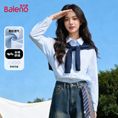 春季 班尼路蓝色披肩纯棉衬衫 女2026新款 休闲学院风叠穿衬衣上衣M