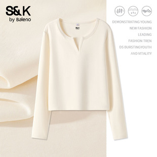 显瘦亲肤打底衫 班尼路S&K系列杏色V领长袖 修身 新款 T恤女2026春季