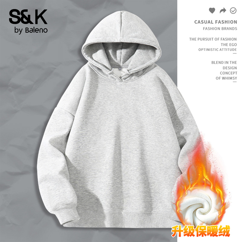 班尼路S&K系列灰色连帽加绒卫衣女款秋冬新款奥粒绒保暖百搭上衣N