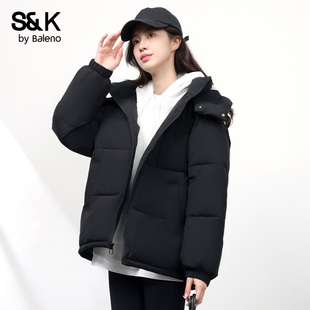 班尼路S&K系列连帽棉服女冬2025新款 保暖棉衣厚外套黑色上衣棉袄M