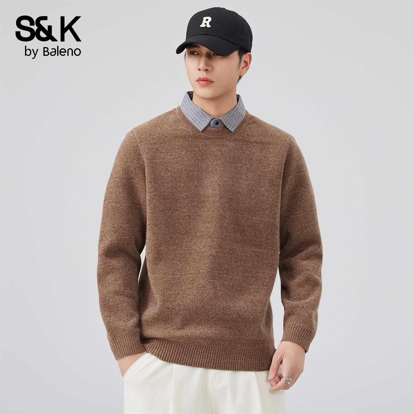 班尼路SK假两件长袖翻领毛衣男士