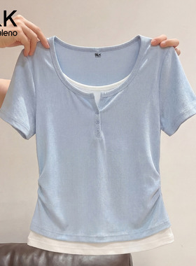 班尼路S&K蓝色假两件短袖t恤女2026夏季新款修身u领小个子上衣H