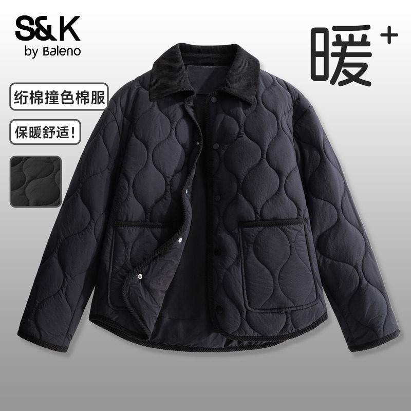 班尼路S&K系列黑色翻领棉服外套女款2025冬季新款轻薄保暖小棉袄Q