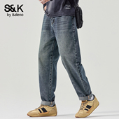 潮牌休闲长裤 班尼路S&K系列复古水洗牛仔裤 男宽松直筒锥形裤 男YS
