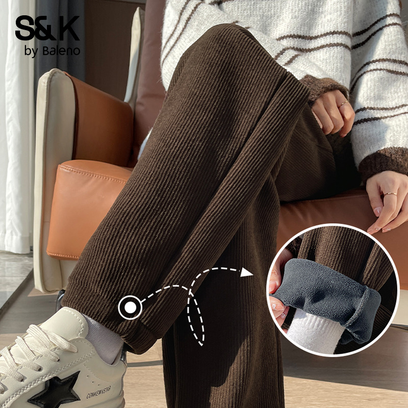 班尼路S&K系列复合灯芯绒束脚裤女2025秋冬新款加绒保暖直筒裤子N