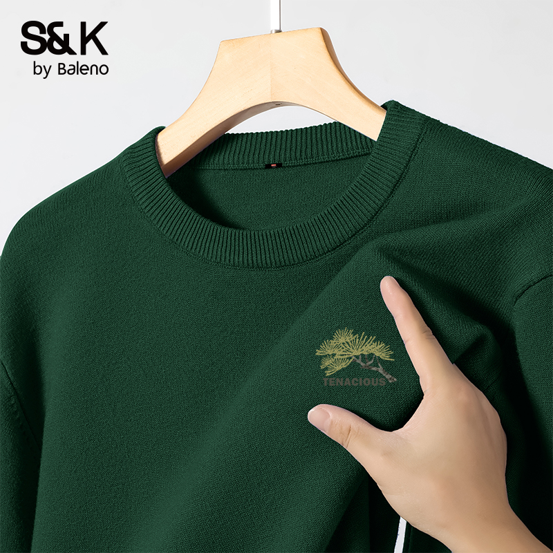 班尼路S&K墨绿色圆领毛衣男秋冬