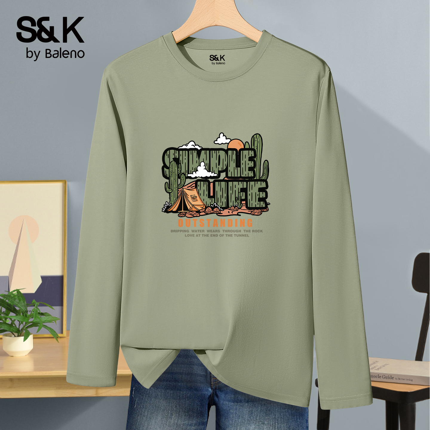 抹茶绿男士长袖春秋季宽松t恤