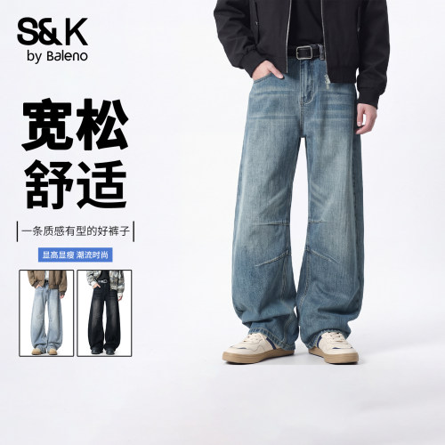 班尼路SK秋款复古水洗宽松牛仔裤