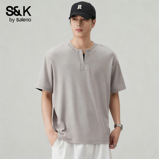 重磅宽松上衣美式 夏季 复古v领t恤YS 男2026新款 班尼路SK亨利领短袖