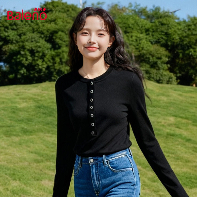 班尼路黑色开领罗纹修身打底衫女春季新款收腰显瘦长袖T恤上衣女Q
