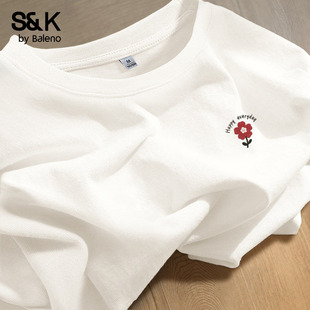 班尼路S&K系列白色短袖t恤女2026夏季新款内搭宽松纯棉正肩上衣H