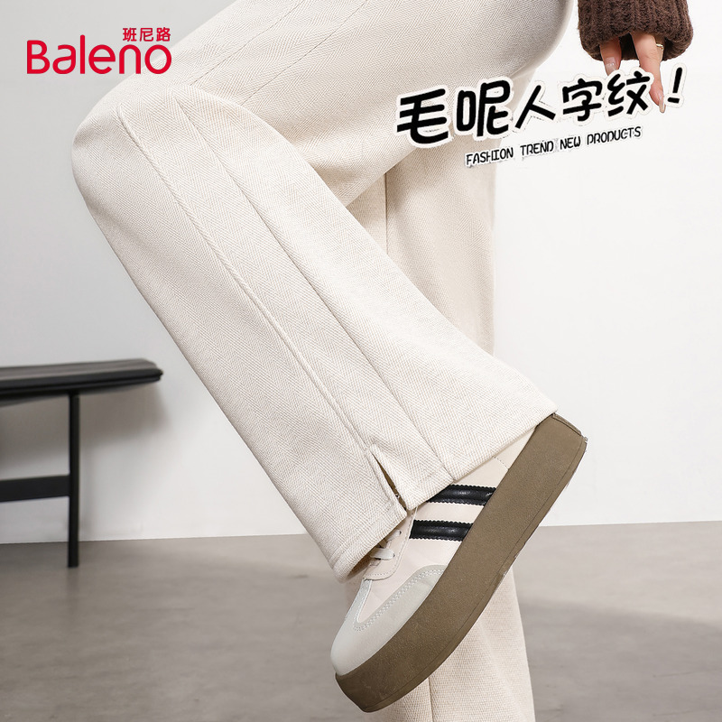 班尼路灰色加绒人字纹毛呢直筒裤