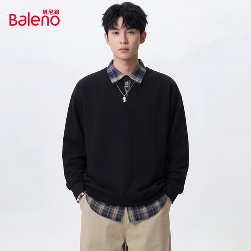 班尼路美式复古格纹POLO领长袖男