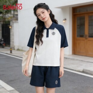 休闲运动套装 班尼路夏季 配高腰短裤 POLO衫 女两件套J 绣花插肩短袖