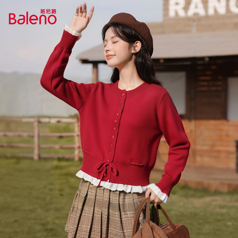 班尼路红色撞色荷叶边开衫毛衣外套女2025秋冬新款韩系针织上衣H