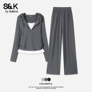 休闲运动穿搭一整套H 新款 班尼路S&K系列灰色假两件套装 女2025秋季