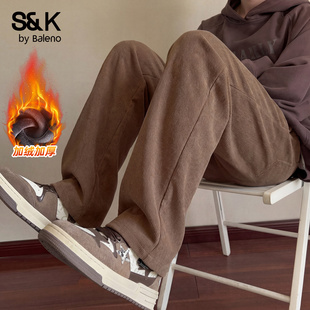 复古保暖休闲裤 班尼路S&K重磅加绒裤 青少年咖色美式 新款 子男冬季