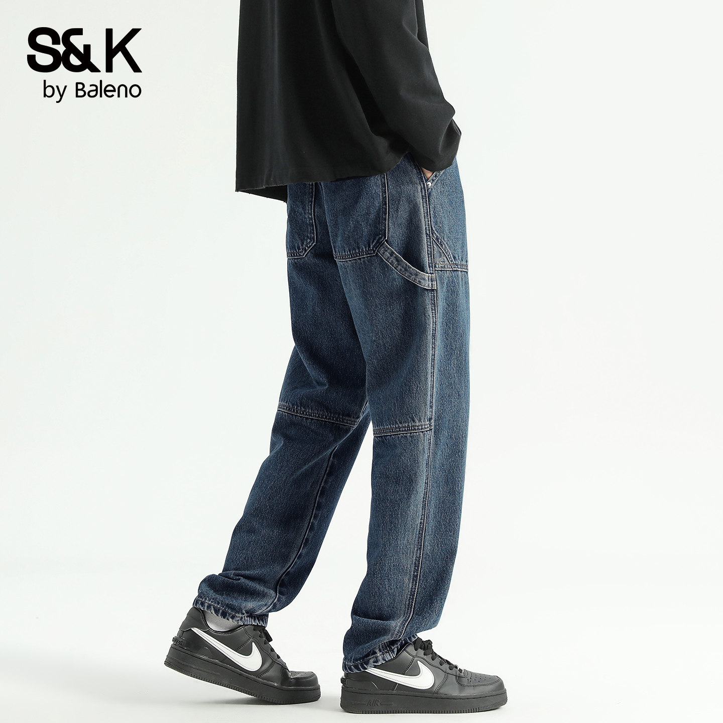 班尼路秋冬加绒美式工装牛仔裤男