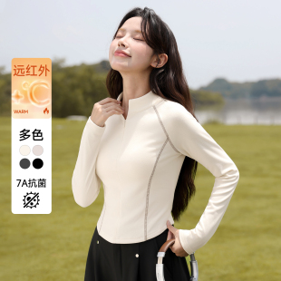 早秋长袖 班尼路杏色半拉链修身 2025新款 女款 女t恤上衣H 内搭打底衫