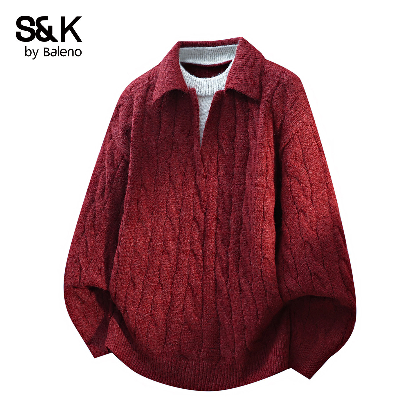 班尼路SK复古假两件翻领针织衫男士春季麻花毛衣氛围感宽松外套YS