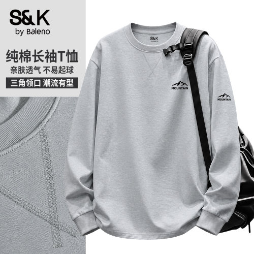 班尼路S&K纯棉三角领长袖t恤男