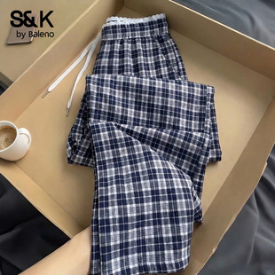 班尼路S&K藏青色格子裤女2026春夏新款小个子垂坠感休闲阔腿裤子H