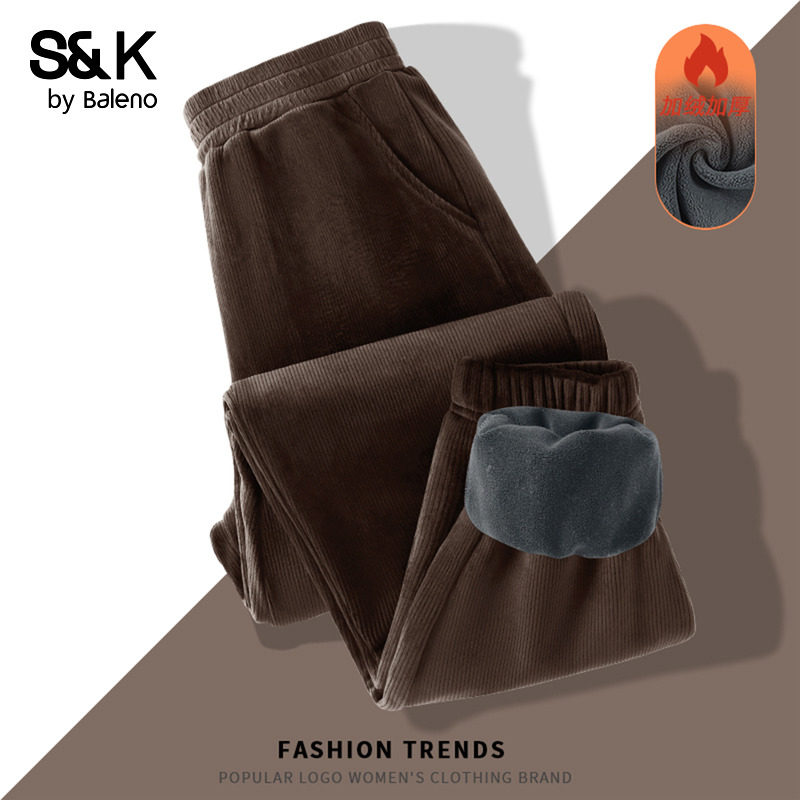 班尼路S&K系列咖色复合灯芯绒加绒束脚裤女冬季新款高腰保暖卫裤Q