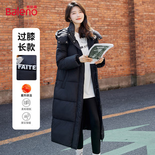 班尼路长款棉服女2025冬季新款连帽黑色棉衣防风过膝保暖外套女J
