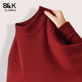 加绒针织衫 班尼路S&K系列红色半高领打底衫 女冬季 保暖内搭毛衣女Q