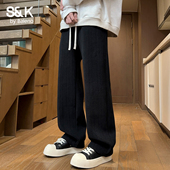 班尼路SK2026新款 男宽松休闲百搭长裤 春季 加厚重磅直筒黑色卫裤