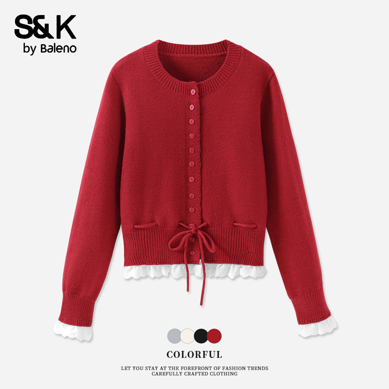 班尼路S&K系列红色荷叶边针织