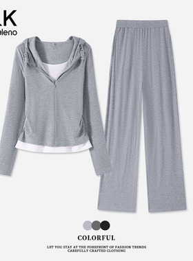 班尼路灰色假两件运动套装女2026春秋收腰连帽卫衣阔腿裤两件套H