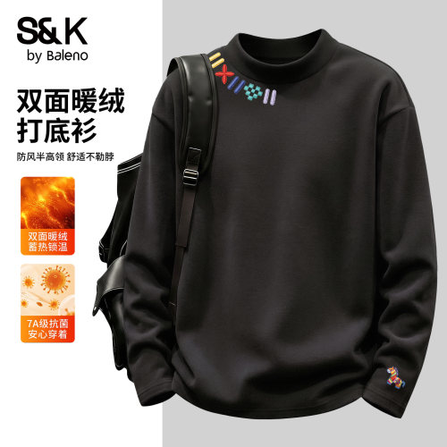班尼路半高领t恤男款双面绒长袖